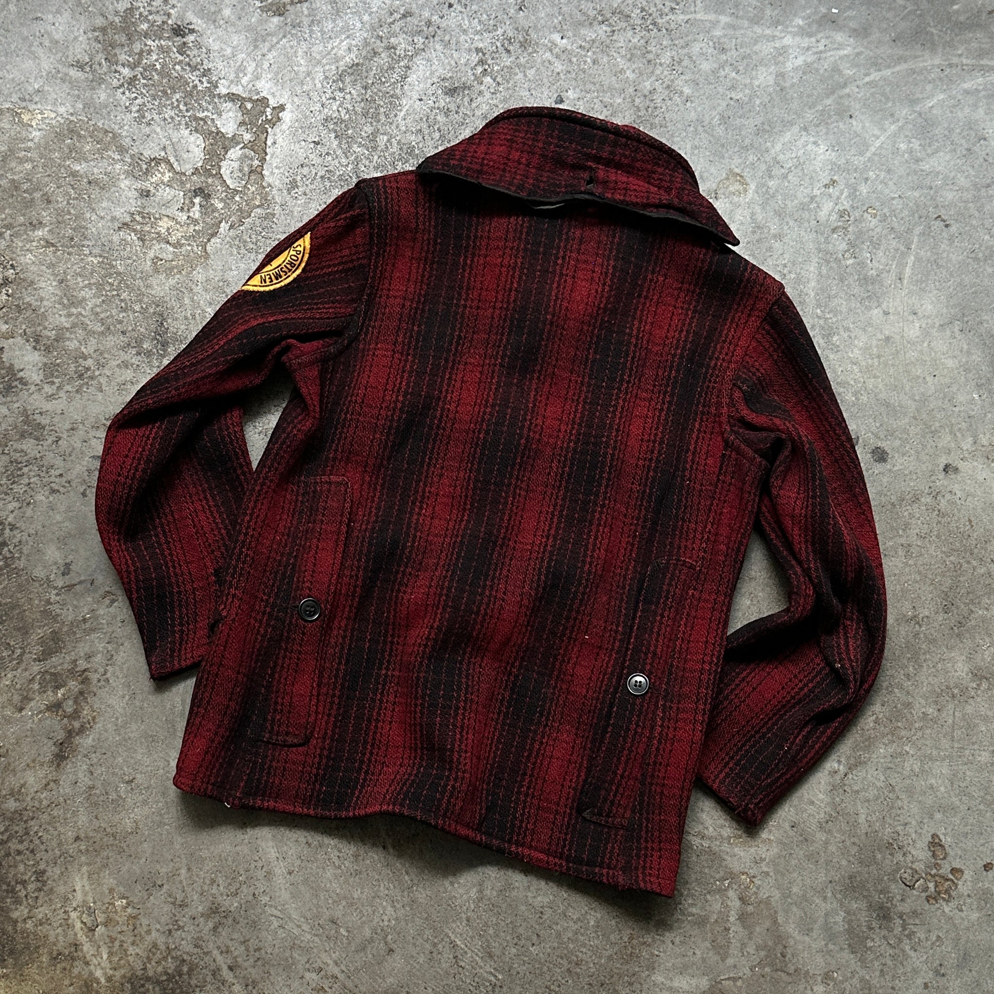 1930s Duxbak Red Plaid Shawl Collar Wool Hunting Jacket (L)