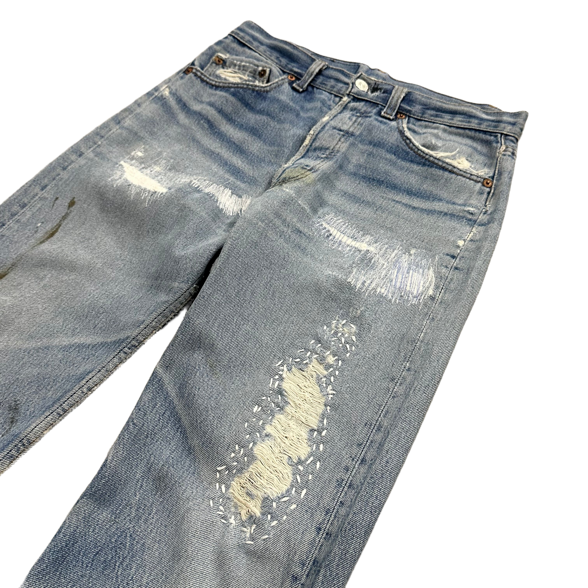 1980s Levis 501 Hand Stitch Repaired Blue Jeans