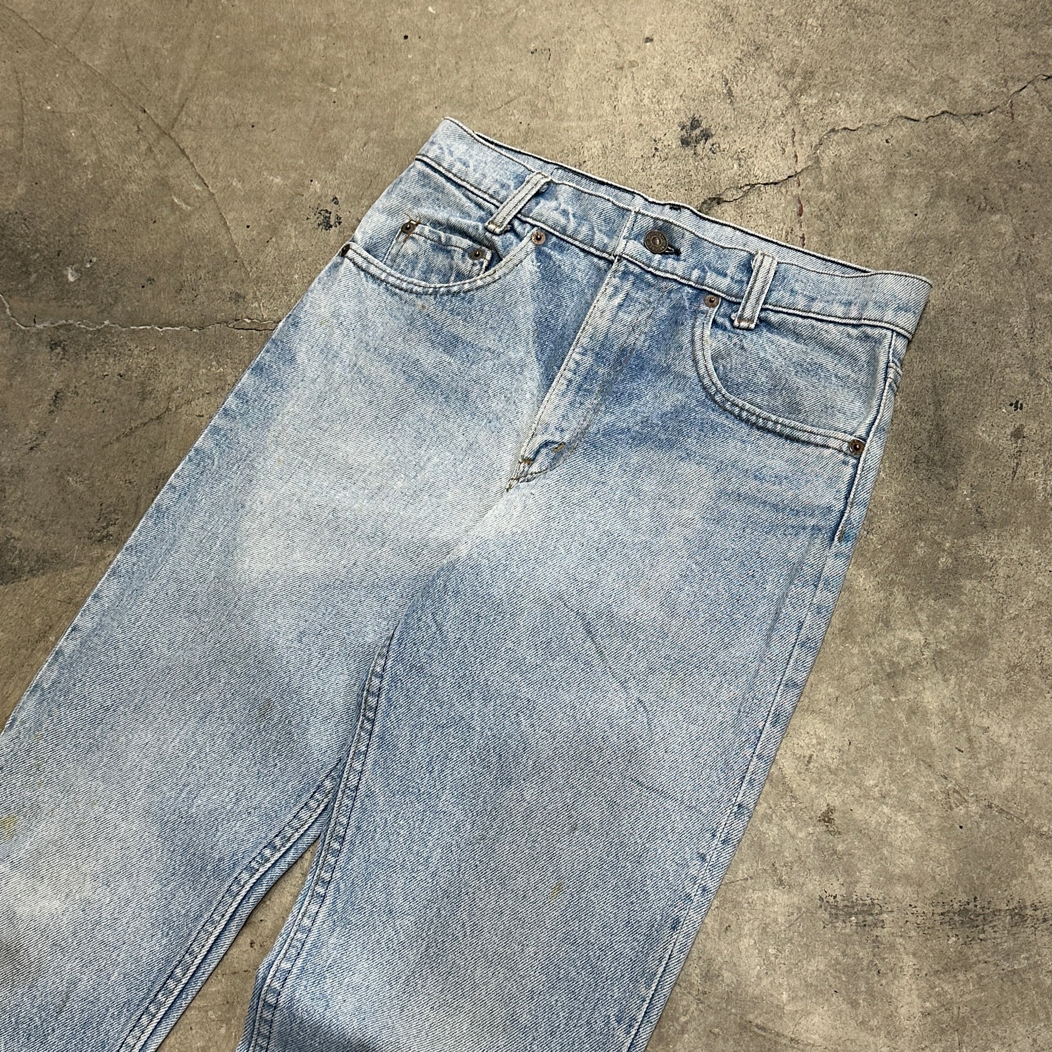 1980s Levi's 701 Faded & Stained Blue Jeans