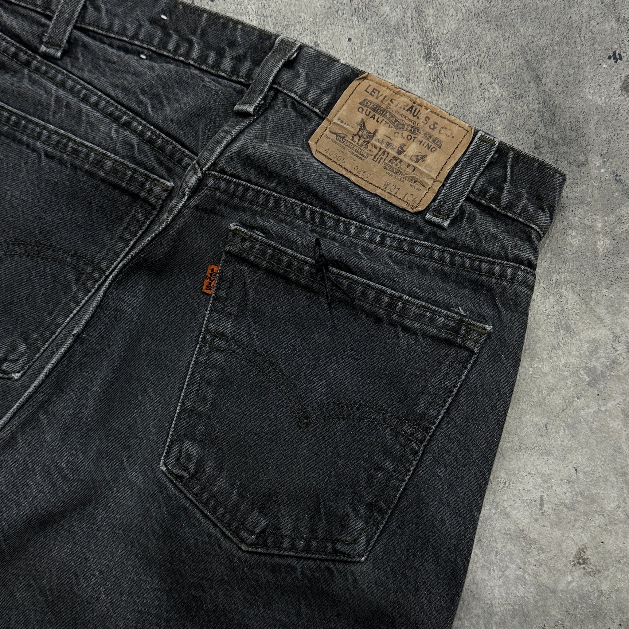 1980s Levi's 405050250 Faded Ash Black Orange Tab Jeans