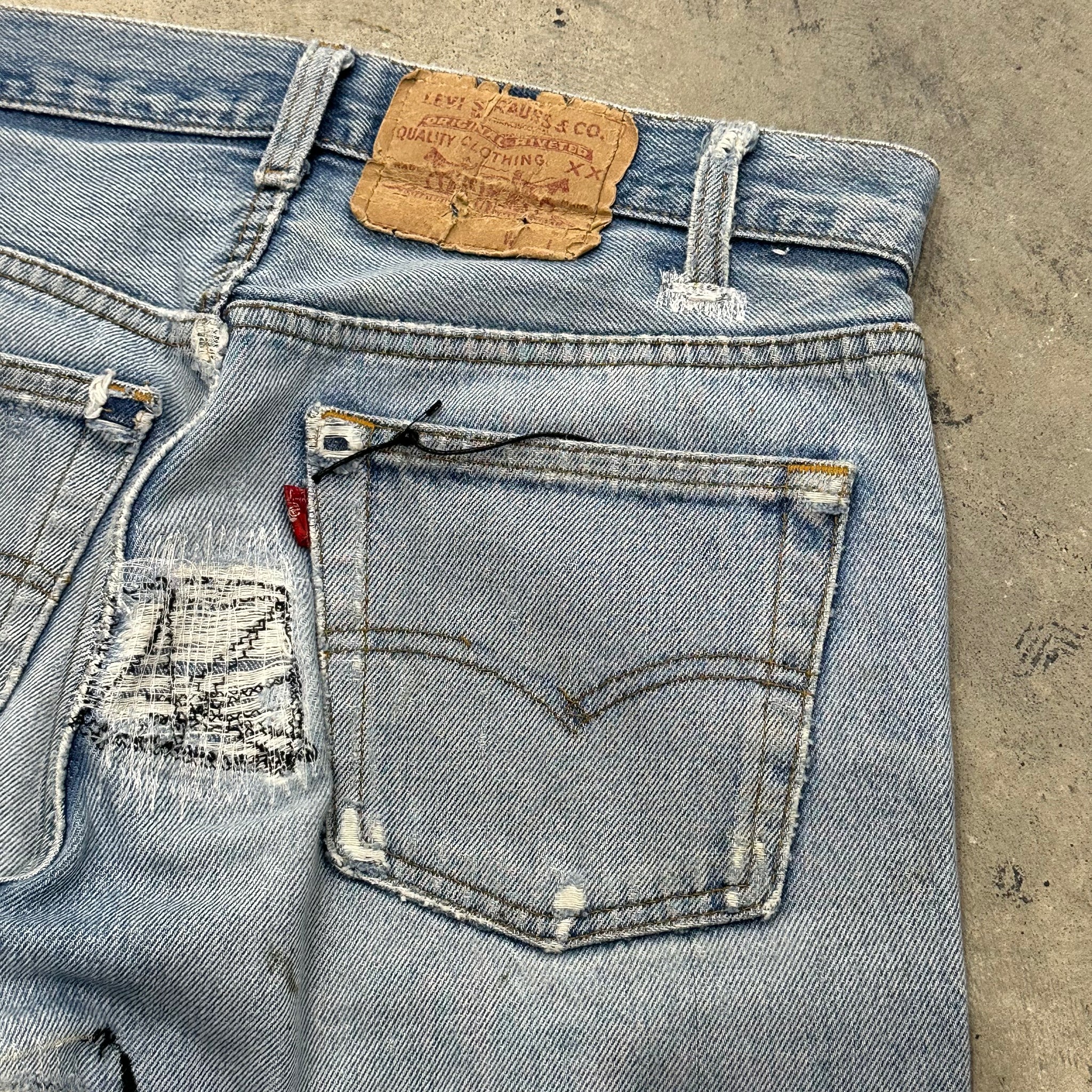 1980s Levis 501 Hand Stitch Repaired Blue Jeans