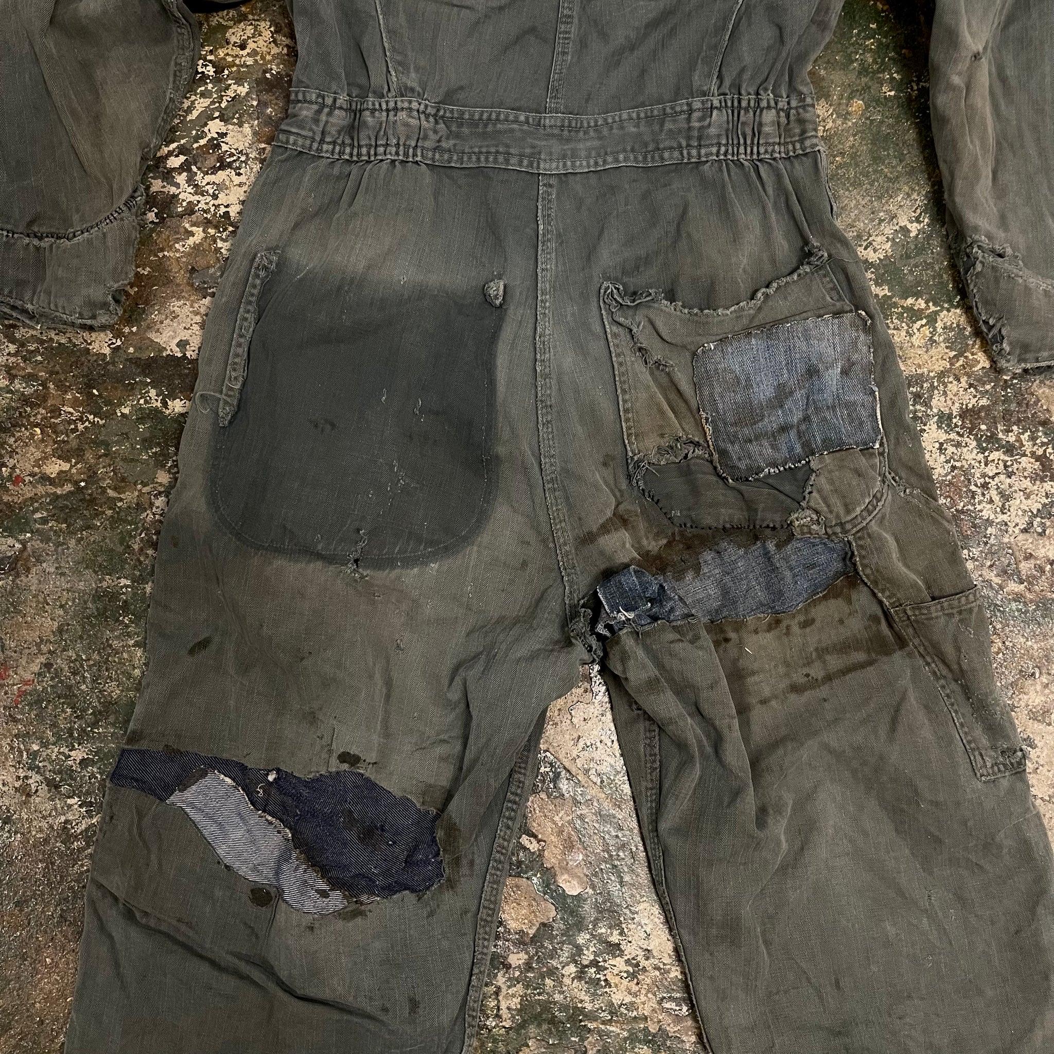 1960s Faded Gray Thrashed & Repaired HBT Coveralls