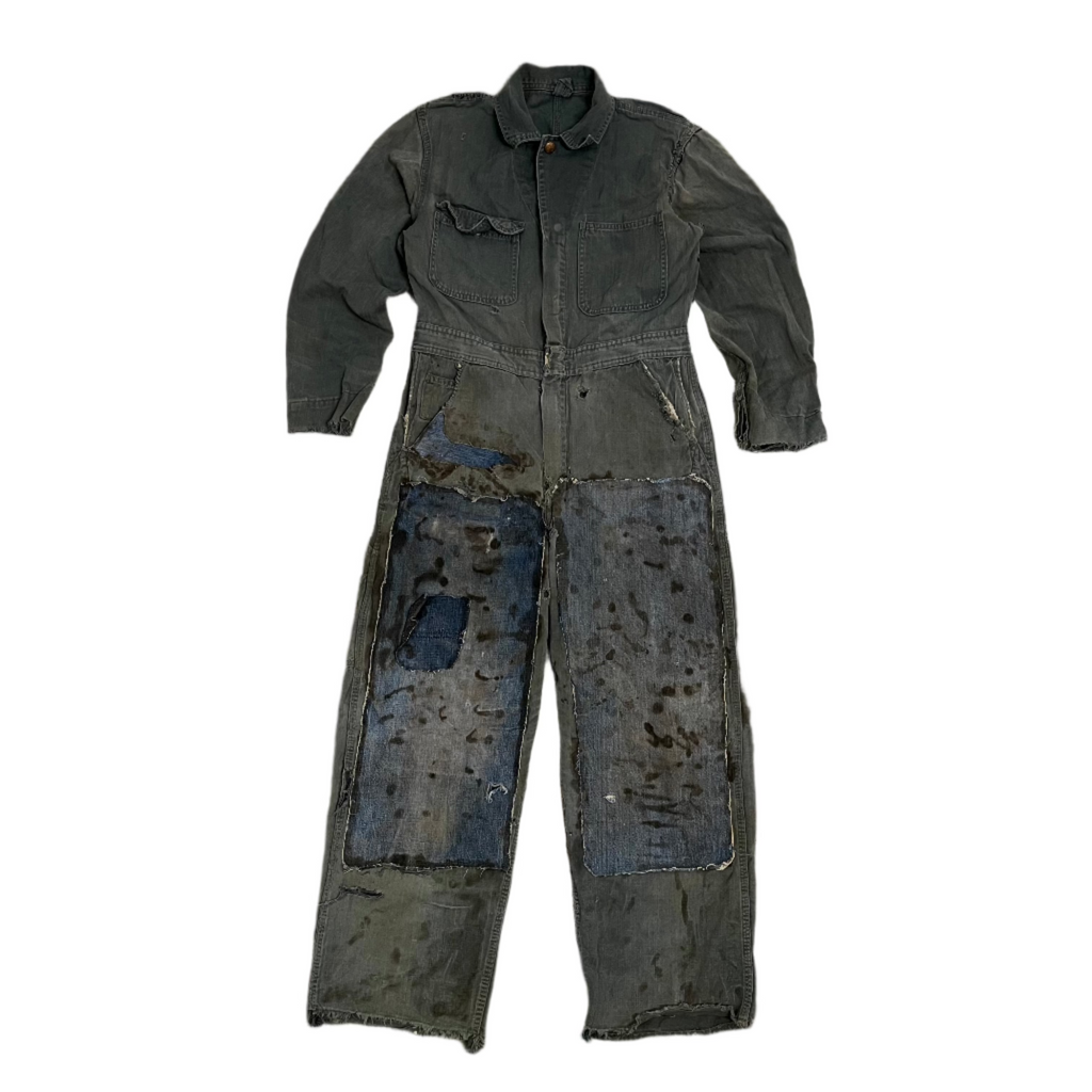 1960s Faded Gray Thrashed & Repaired HBT Coveralls