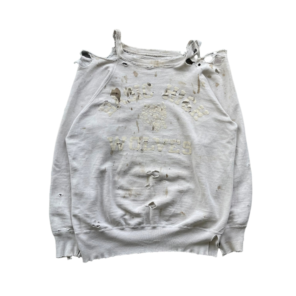 1960s Dirty Cream Thrashed "Basic High Wolves" Crewneck Sweatshirt